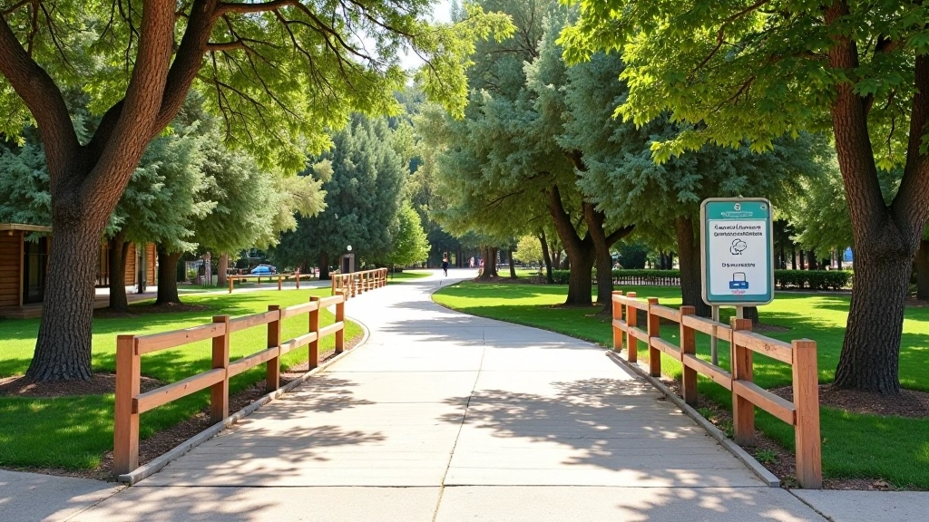 Entrada accesible del parque con rampas suaves y señalización en español e iconos universales