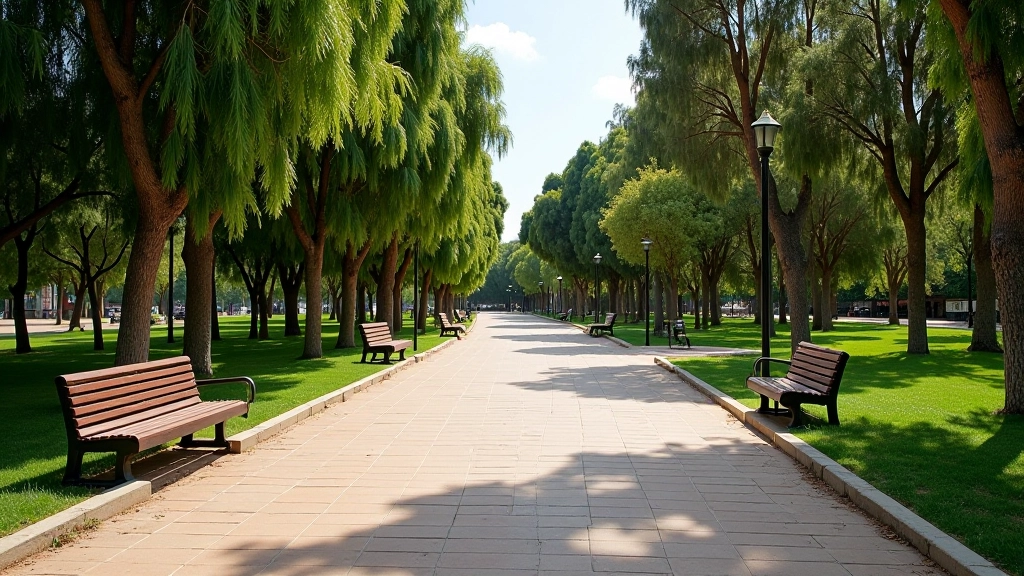 Caminos pavimentados del parque con bordes bien definidos, farolas de iluminación y bancos de descanso cada 50 metros