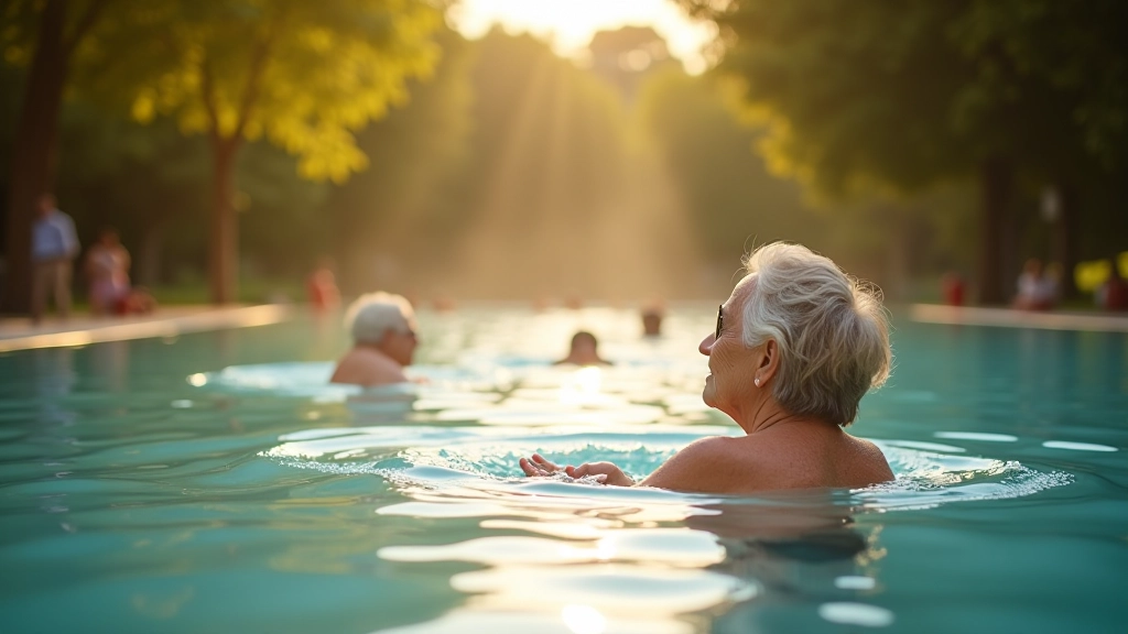 Personas descansando en las aguas termales durante diferentes momentos del día, mostrando la variación de luz y ambiente según la hora